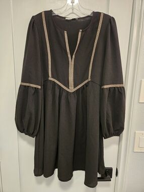 Women's Black Long-Sleeve Embroidered Bohemian Peasant Dress